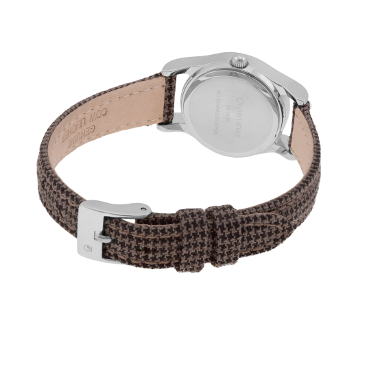 Montre femme, boîte acier et cristaux de synthèse, bracelet tissu et cuir et verre minéral