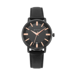 Montre femme, boite en acier noir, bracelet en cuir noir et verre minéral
