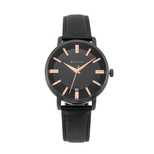 Montre femme, boite en acier noir, bracelet en cuir noir et verre minéral