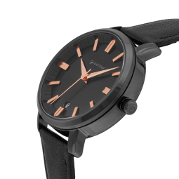 Montre femme, boite en acier noir, bracelet en cuir noir et verre minéral