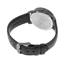 Montre femme, boite en acier noir, bracelet en cuir noir et verre minéral