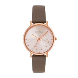 Montre femme, boîte en acier rose, bracelet en cuir marron et verre minéral