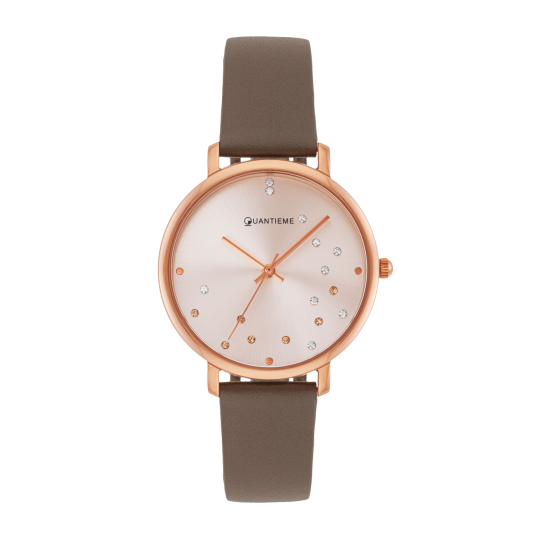 Montre femme, boîte en acier rose, bracelet en cuir marron et verre minéral
