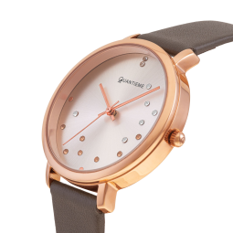 Montre femme, boîte en acier rose, bracelet en cuir marron et verre minéral