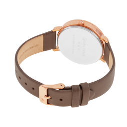 Montre femme, boîte en acier rose, bracelet en cuir marron et verre minéral