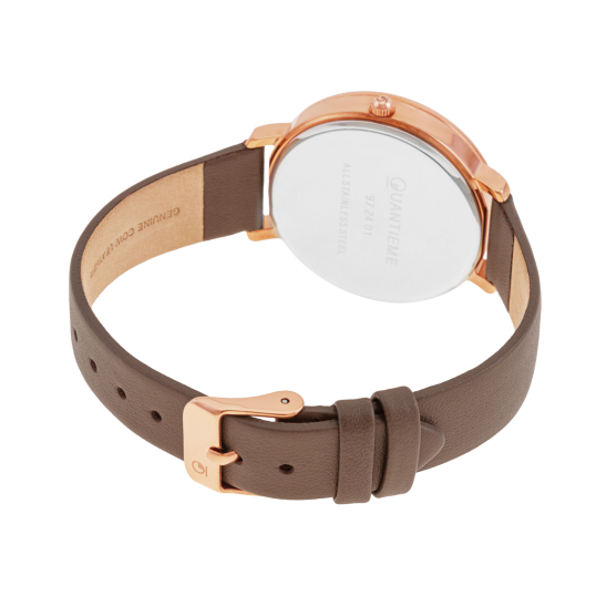 Montre femme, boîte en acier rose, bracelet en cuir marron et verre minéral