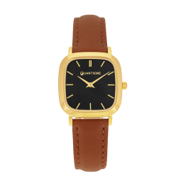 Montre femme, boite acier doré, bracelet cuir et verre minéral
