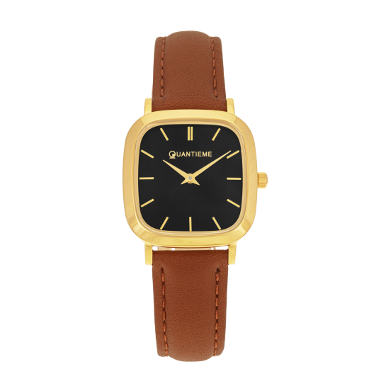 Montre femme, boite acier doré, bracelet cuir et verre minéral