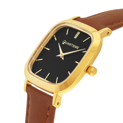 Montre femme, boite acier doré, bracelet cuir et verre minéral