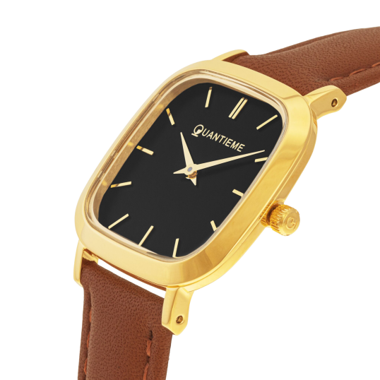 Montre femme, boite acier doré, bracelet cuir et verre minéral