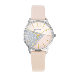 Montre femme, boîte acier, bracelet cuir doré et verre minéral