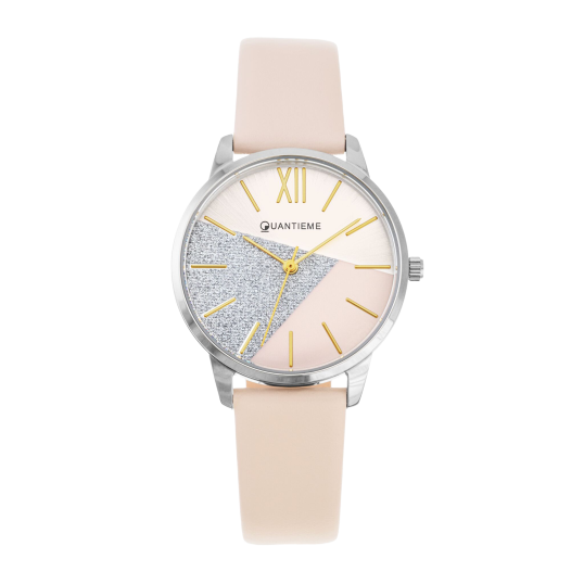 Montre femme, boîte acier, bracelet cuir doré et verre minéral