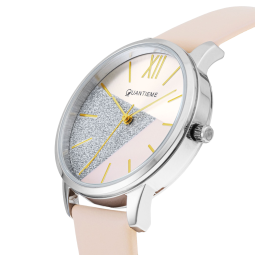 Montre femme, boîte acier, bracelet cuir doré et verre minéral