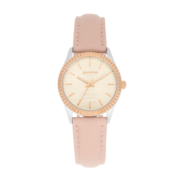 Montre femme, boite en acier gris et rose, bracelet en cuir rose, verre minéral