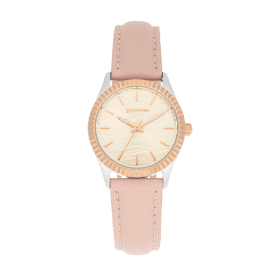 Montre femme, boite en acier gris et rose, bracelet en cuir rose, verre minéral