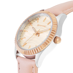 Montre femme, boite en acier gris et rose, bracelet en cuir rose, verre minéral