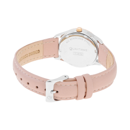 Montre femme, boite en acier gris et rose, bracelet en cuir rose, verre minéral