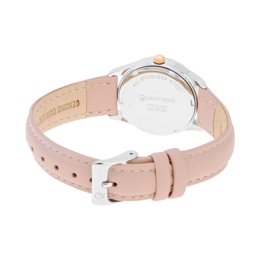 Montre femme, boite en acier gris et rose, bracelet en cuir rose, verre minéral