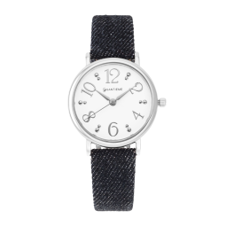 Montre femme, boite en acier, bracelet en cuir et denim foncé, verre minéral