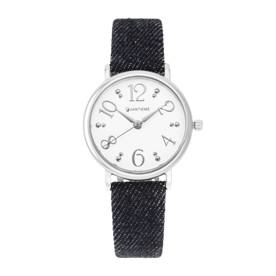 Montre femme, boite en acier, bracelet en cuir et denim foncé, verre minéral