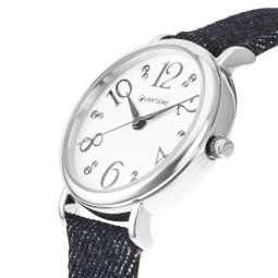 Montre femme, boite en acier, bracelet en cuir et denim foncé, verre minéral
