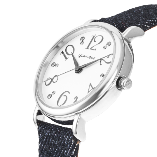 Montre femme, boite en acier, bracelet en cuir et denim foncé, verre minéral