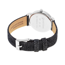 Montre femme, boite en acier, bracelet en cuir et denim foncé, verre minéral