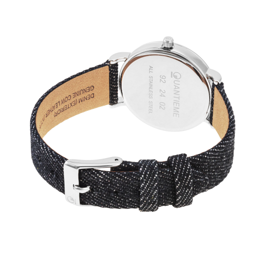 Montre femme, boite en acier, bracelet en cuir et denim foncé, verre minéral