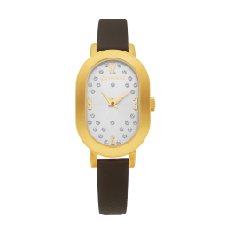 Montre femme, boite en acier doré, bracelet en cuir marron, verre minéral