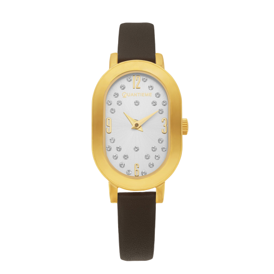 Montre femme, boite en acier doré, bracelet en cuir marron, verre minéral