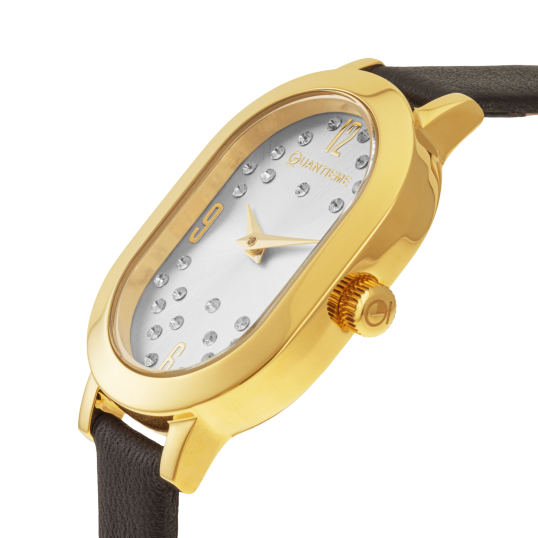 Montre femme, boite en acier doré, bracelet en cuir marron, verre minéral