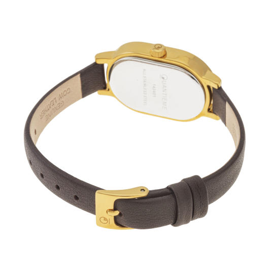 Montre femme, boite en acier doré, bracelet en cuir marron, verre minéral