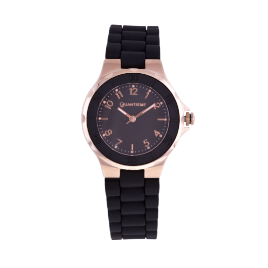 Montre dame, boîte acier doré rose et bracelet silicone, verre minéral