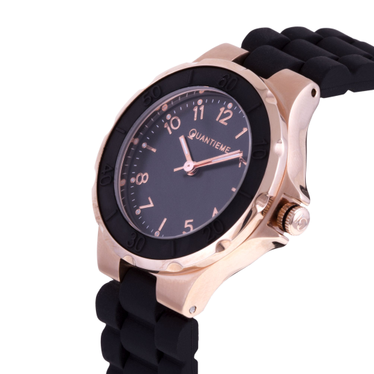 Montre dame, boîte acier doré rose et bracelet silicone, verre minéral