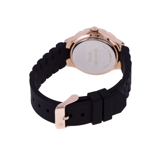 Montre dame, boîte acier doré rose et bracelet silicone, verre minéral
