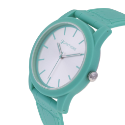 Montre femme, boîte en plastique, bracelet en silicone et verre minéral