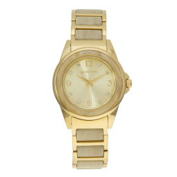 Montre femme, boîte en acier doré et cristaux de synthèse, bracelet en acier doré et acetate, verre minéral