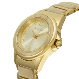 Montre femme, boîte en acier doré et cristaux de synthèse, bracelet en acier doré et acetate, verre minéral