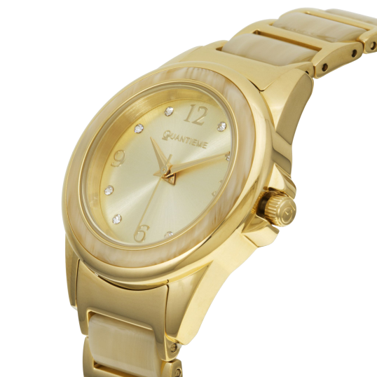 Montre femme, boîte en acier doré et cristaux de synthèse, bracelet en acier doré et acetate, verre minéral