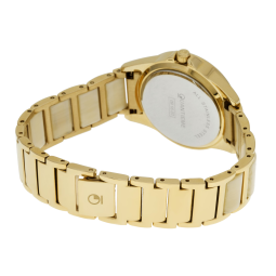 Montre femme, boîte en acier doré et cristaux de synthèse, bracelet en acier doré et acetate, verre minéral