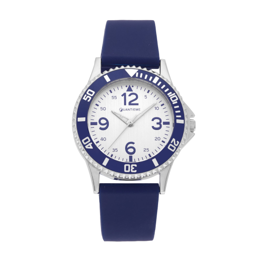 Montre femme, boîte en acier, bracelet en silicone bleu et verre minéral