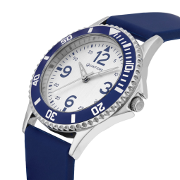 Montre femme, boîte en acier, bracelet en silicone bleu et verre minéral