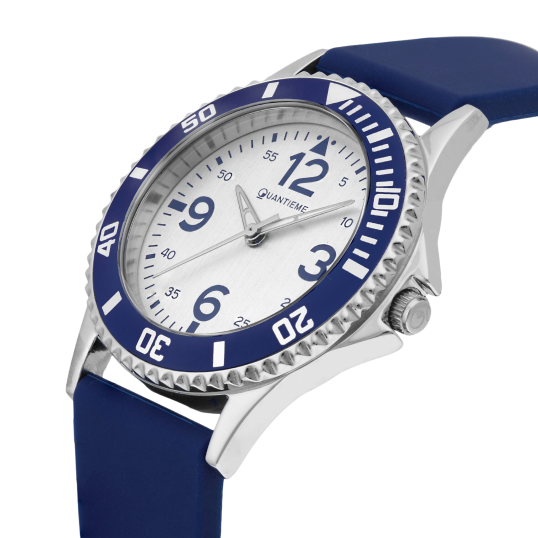 Montre femme, boîte en acier, bracelet en silicone bleu et verre minéral