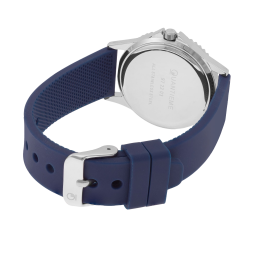 Montre femme, boîte en acier, bracelet en silicone bleu et verre minéral