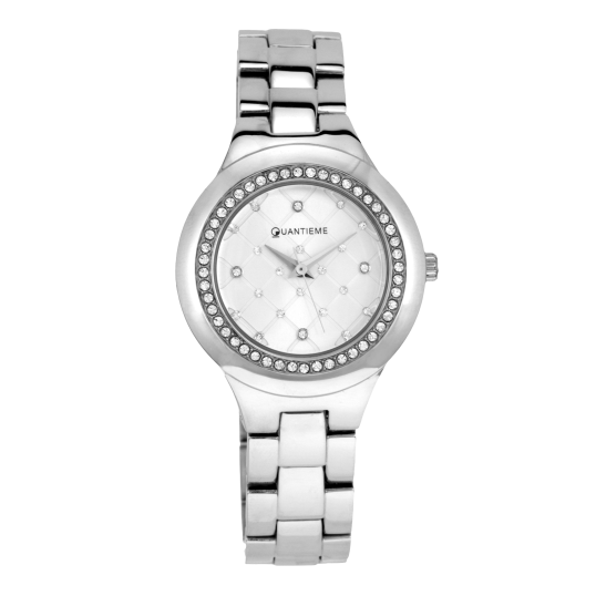 Montre femme, boîte acier et cristaux de synthèse, bracelet acier et verre minéral