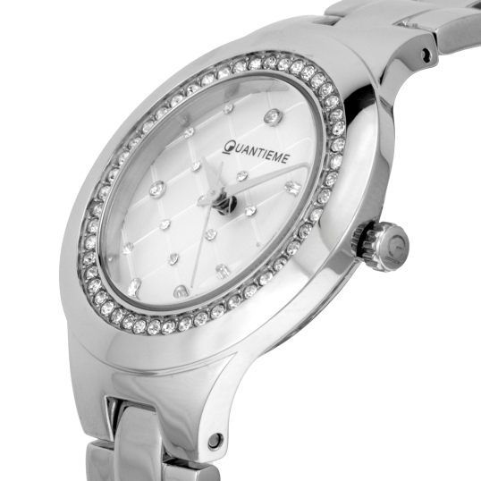 Montre femme, boîte acier et cristaux de synthèse, bracelet acier et verre minéral