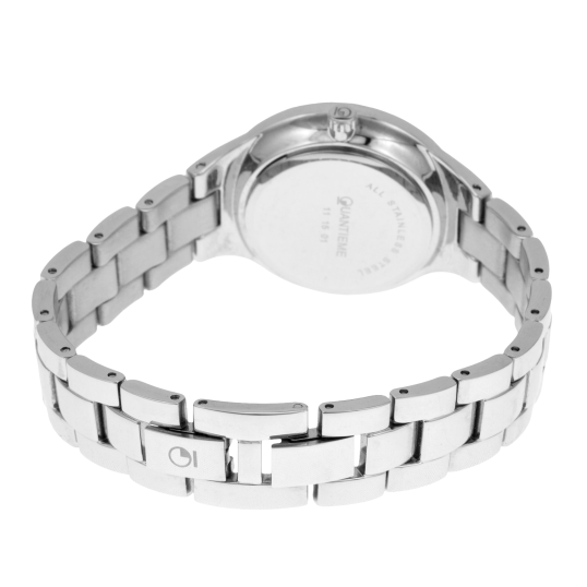 Montre femme, boîte acier et cristaux de synthèse, bracelet acier et verre minéral