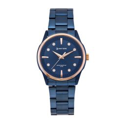 Montre femme étanche 50 métres, boîte acier bleu, bracelet acier bleu et verre minéral