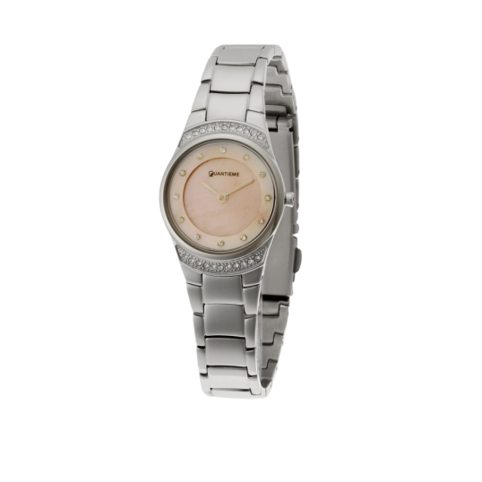 Montre dame, boîte acier, cristaux de synthèse, bracelet acier et verre minéral