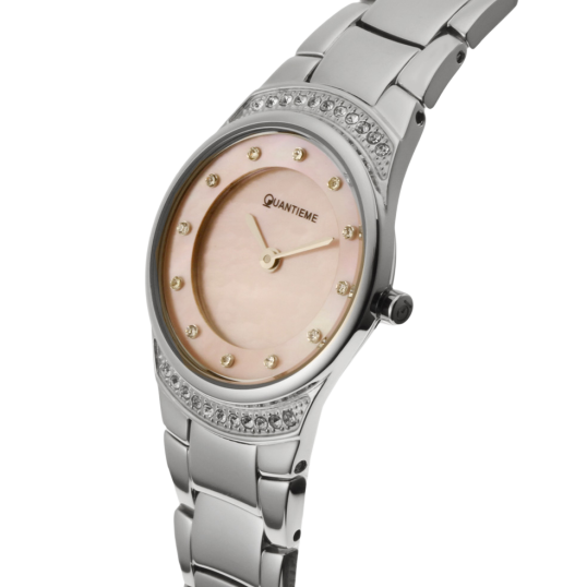 Montre dame, boîte acier, cristaux de synthèse, bracelet acier et verre minéral